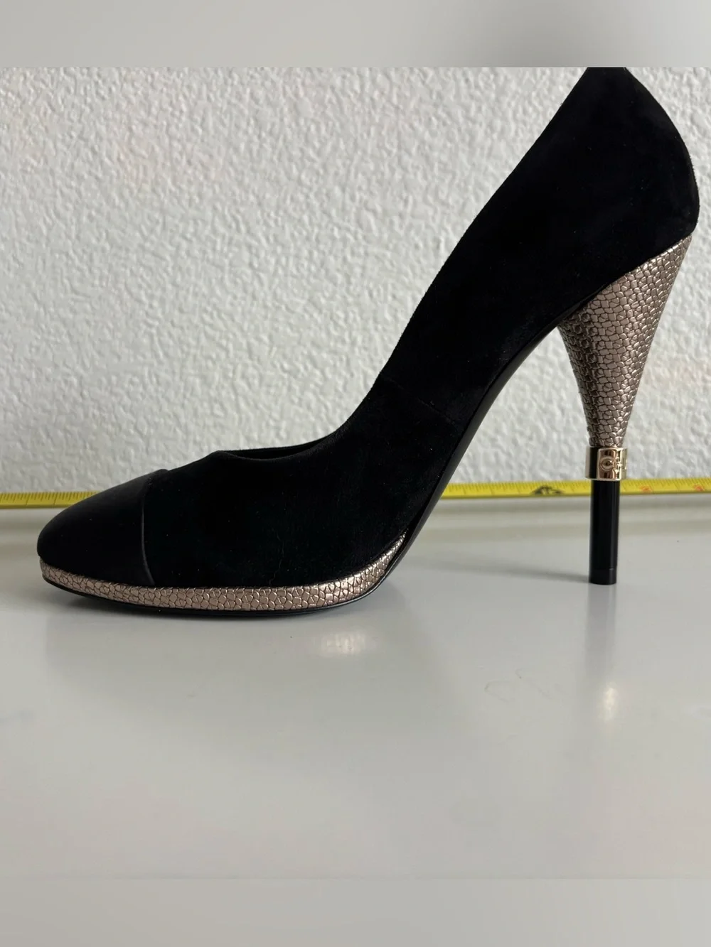 Authentic Chanel 4.5in Black Suede Heels with Rose Gold Patterned